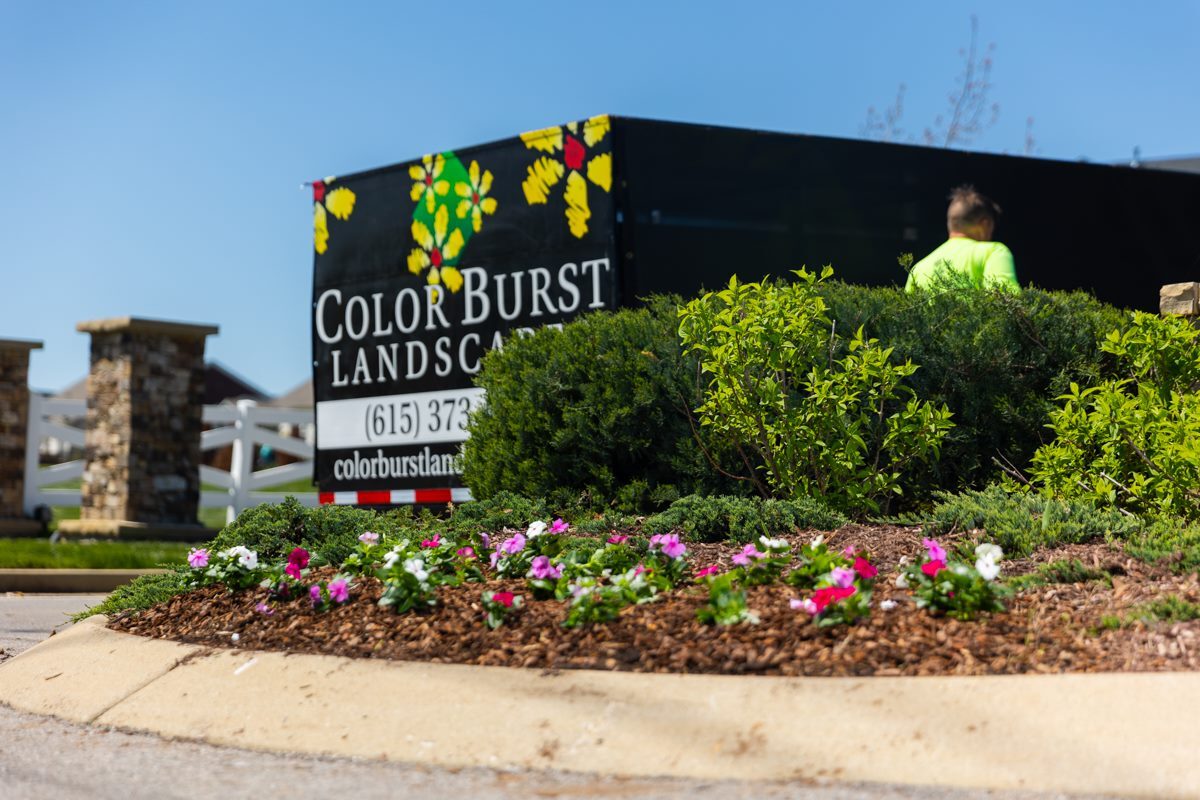 The Color Burst Landscapes sign with a mulched seasonal color flowerbed